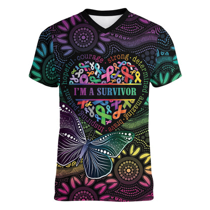 Australia Cancer Survivor Personalised Women V-Neck T-Shirt I’m A Survivor Ribbon Heart