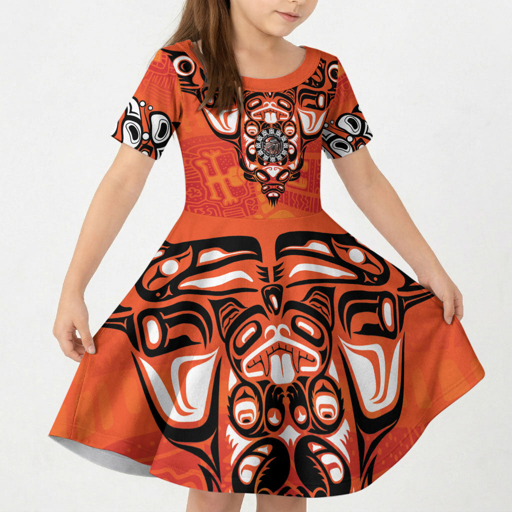 All Children Matters Support Personalized Kid Short Sleeve Dress Haida Spirit Animals Indigenous Orange Day