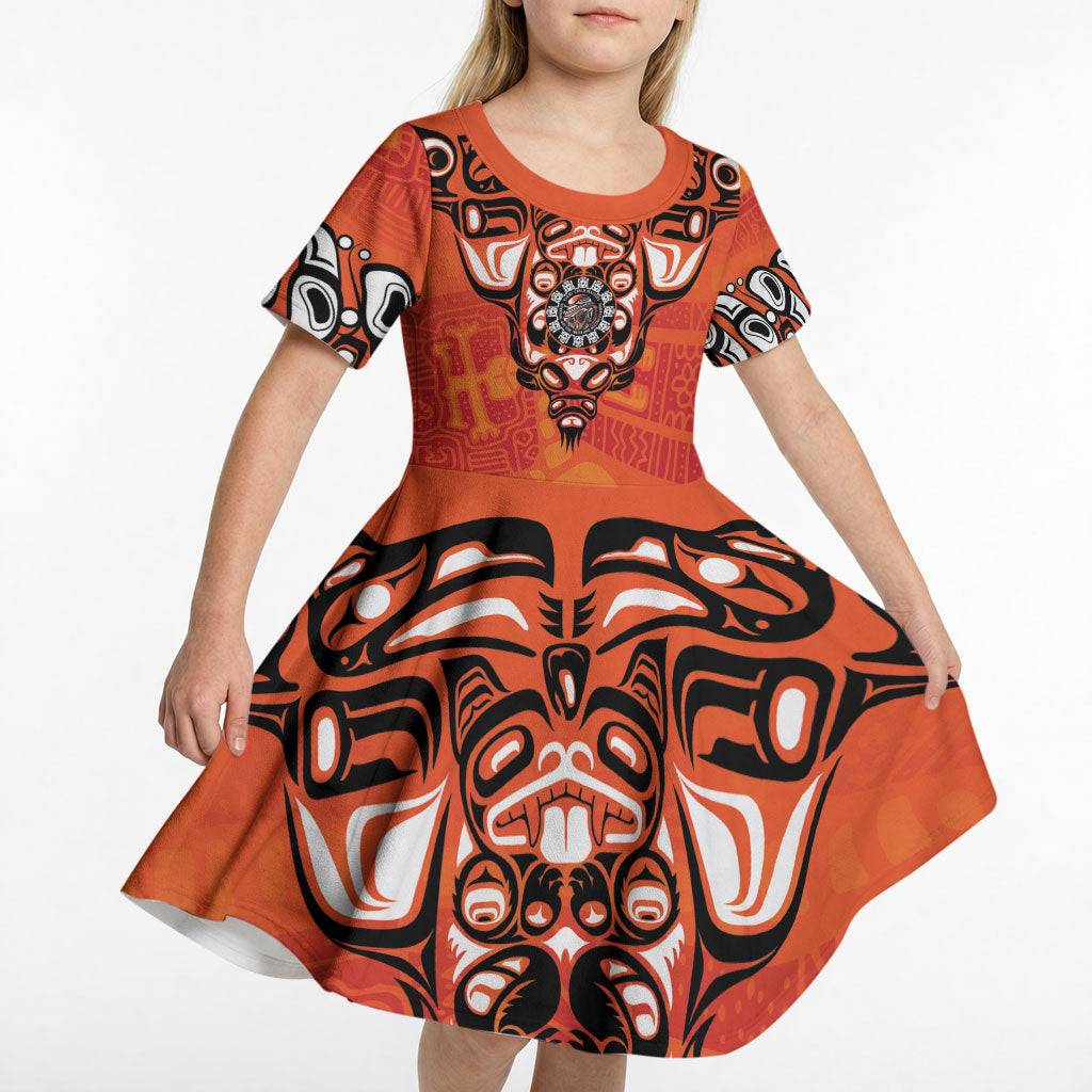 All Children Matters Support Personalized Kid Short Sleeve Dress Haida Spirit Animals Indigenous Orange Day
