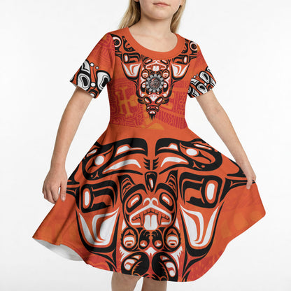 All Children Matters Support Personalized Kid Short Sleeve Dress Haida Spirit Animals Indigenous Orange Day