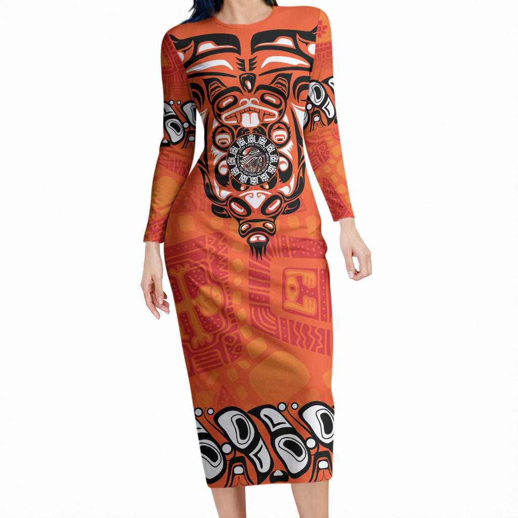 All Children Matters Support Personalized Long Sleeve Bodycon Dress Haida Spirit Animals Indigenous Orange Day