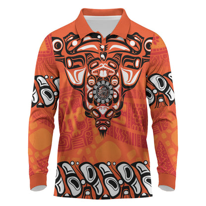 All Children Matters Support Personalized Long Sleeve Polo Shirt Haida Spirit Animals Indigenous Orange Day