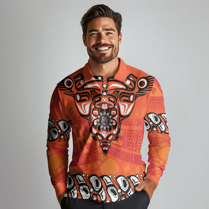 All Children Matters Support Personalized Long Sleeve Polo Shirt Haida Spirit Animals Indigenous Orange Day