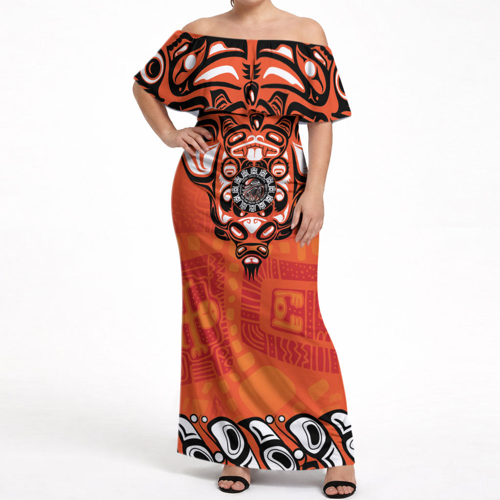 All Children Matters Support Personalized Off Shoulder Maxi Dress Haida Spirit Animals Indigenous Orange Day