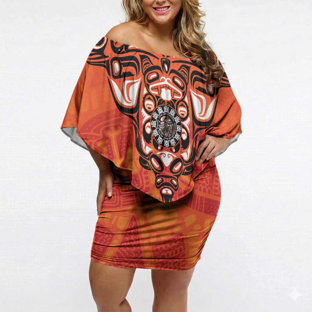 All Children Matters Support Personalized Off Shoulder Short Dress Haida Spirit Animals Indigenous Orange Day