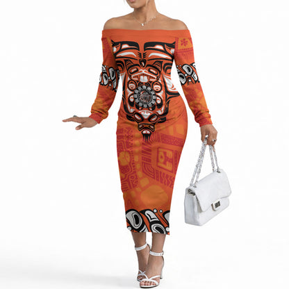 All Children Matters Support Personalized Off The Shoulder Long Sleeve Dress Haida Spirit Animals Indigenous Orange Day