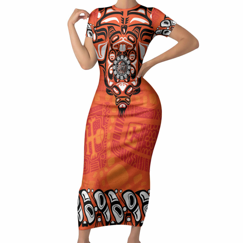 All Children Matters Support Personalized Short Sleeve Bodycon Dress Haida Spirit Animals Indigenous Orange Day