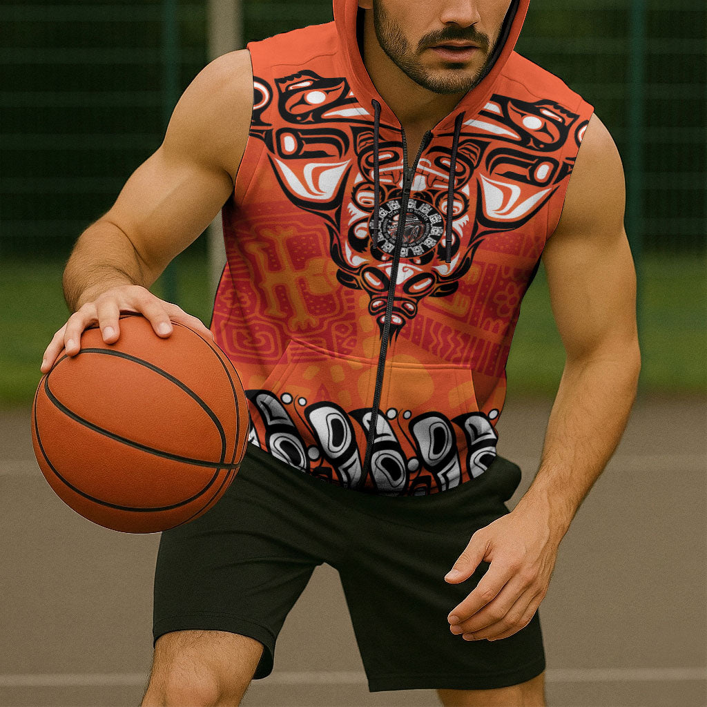 All Children Matters Support Personalized Sleeveless Zip Hoodie Haida Spirit Animals Indigenous Orange Day