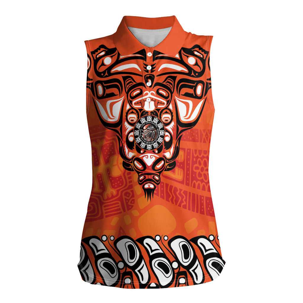 All Children Matters Support Personalized Women Sleeveless Polo Shirt Haida Spirit Animals Indigenous Orange Day