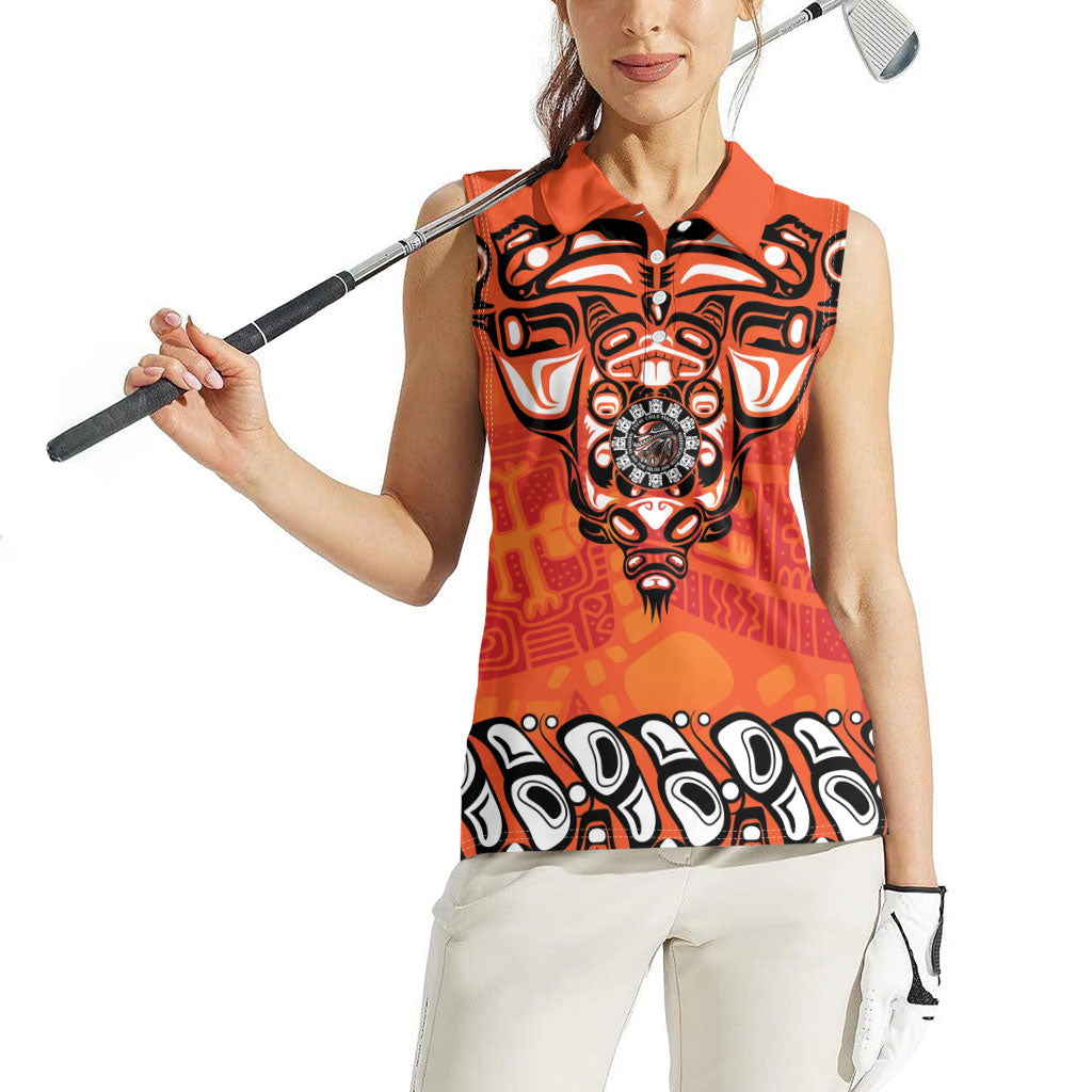 All Children Matters Support Personalized Women Sleeveless Polo Shirt Haida Spirit Animals Indigenous Orange Day