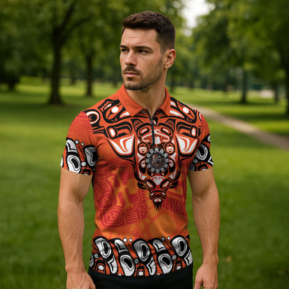 All Children Matters Support Personalized Zipper Polo Shirt Haida Spirit Animals Indigenous Orange Day