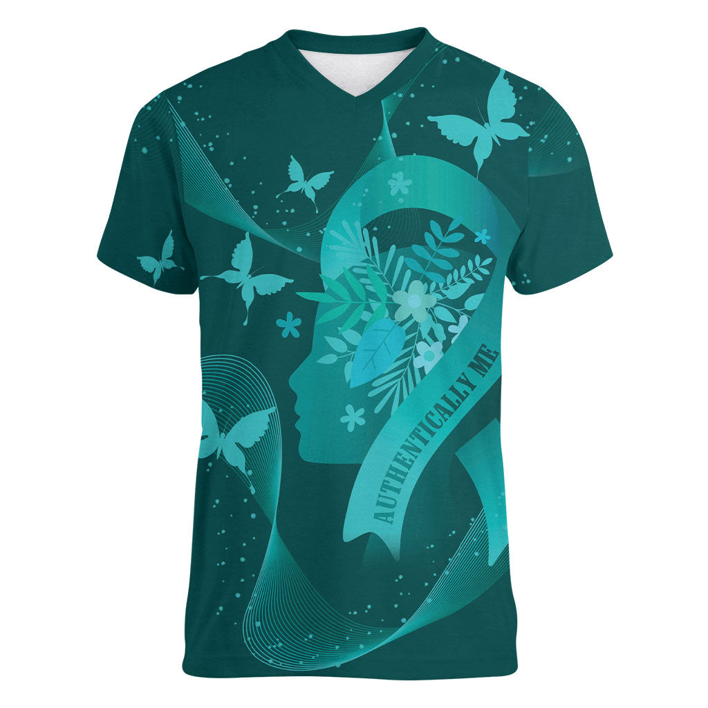 Australia Tourette Syndrome Support Acceptance Personalised Women V-Neck T-Shirt Butterfly Ribbon Art