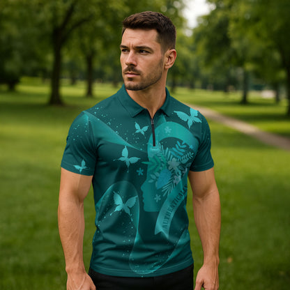 Australia Tourette Syndrome Support Acceptance Personalised Zipper Polo Shirt Butterfly Ribbon Art