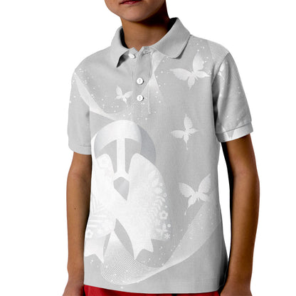 Australia Lung Cancer Support Personalised Kid Polo Shirt Butterfly White Ribbon Art