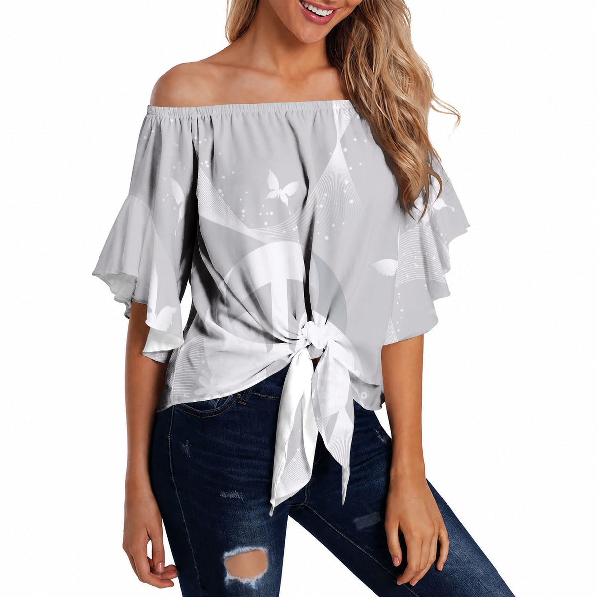 Australia Lung Cancer Support Personalised Off Shoulder Wrap Waist Top Butterfly White Ribbon Art