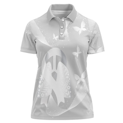 Australia Lung Cancer Support Personalised Women Polo Shirt Butterfly White Ribbon Art