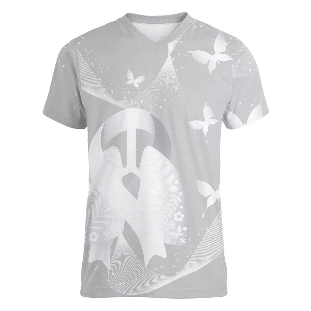 Australia Lung Cancer Support Personalised Women V-Neck T-Shirt Butterfly White Ribbon Art