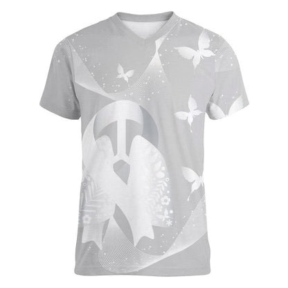 Australia Lung Cancer Support Personalised Women V-Neck T-Shirt Butterfly White Ribbon Art