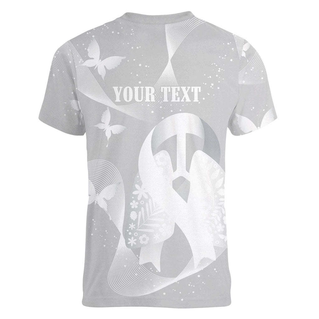 Australia Lung Cancer Support Personalised Women V-Neck T-Shirt Butterfly White Ribbon Art