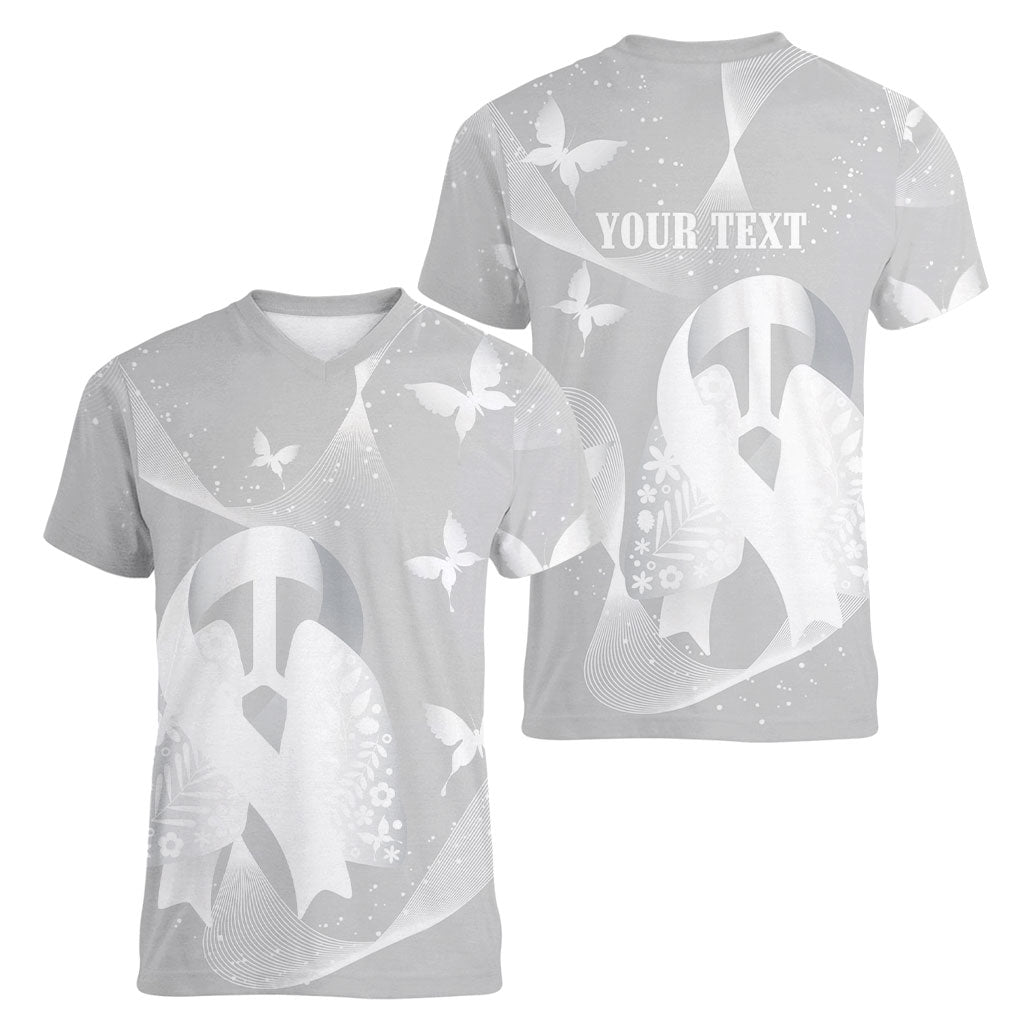 Australia Lung Cancer Support Personalised Women V-Neck T-Shirt Butterfly White Ribbon Art