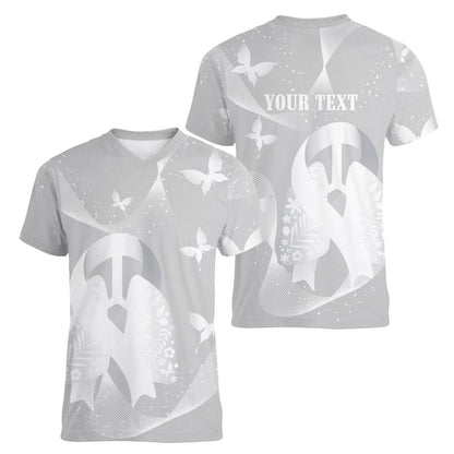 Australia Lung Cancer Support Personalised Women V-Neck T-Shirt Butterfly White Ribbon Art