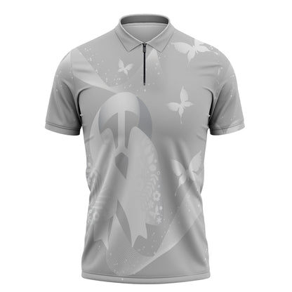Australia Lung Cancer Support Personalised Zipper Polo Shirt Butterfly White Ribbon Art
