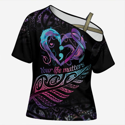 Personalised Your Life Matters Cross Shoulder Shirt Suicide Prevention Support Semicolon Maori Heart