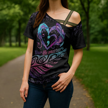 Personalised Your Life Matters Cross Shoulder Shirt Suicide Prevention Support Semicolon Maori Heart