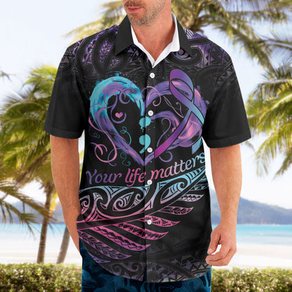 Personalised Your Life Matters Hawaiian Shirt Suicide Prevention Support Semicolon Maori Heart