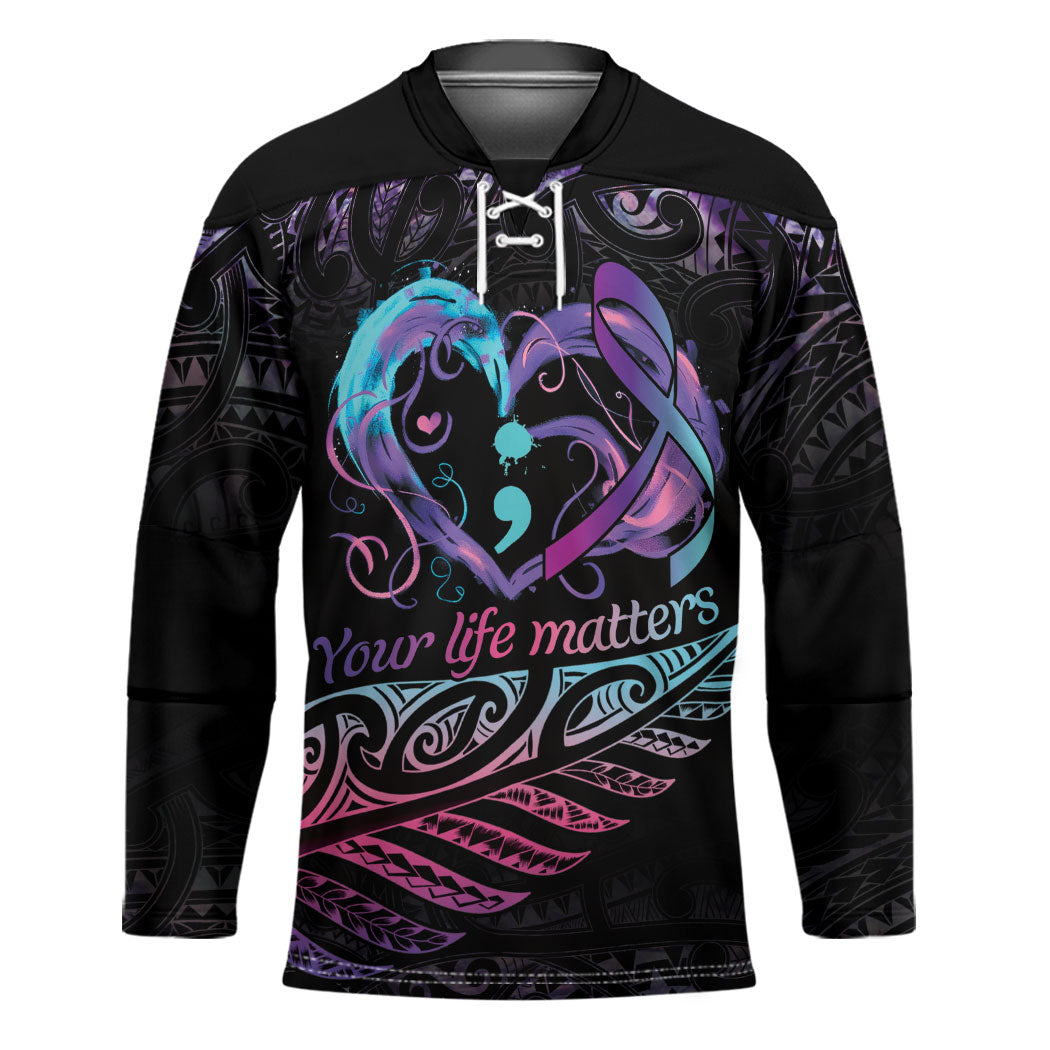 Personalised Your Life Matters Hockey Jersey Suicide Prevention Support Semicolon Maori Heart