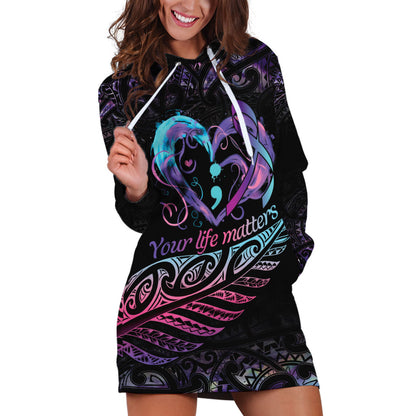 Personalised Your Life Matters Hoodie Dress Suicide Prevention Support Semicolon Maori Heart
