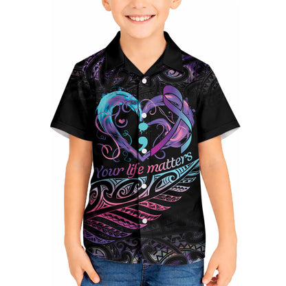 Personalised Your Life Matters Kid Hawaiian Shirt Suicide Prevention Support Semicolon Maori Heart