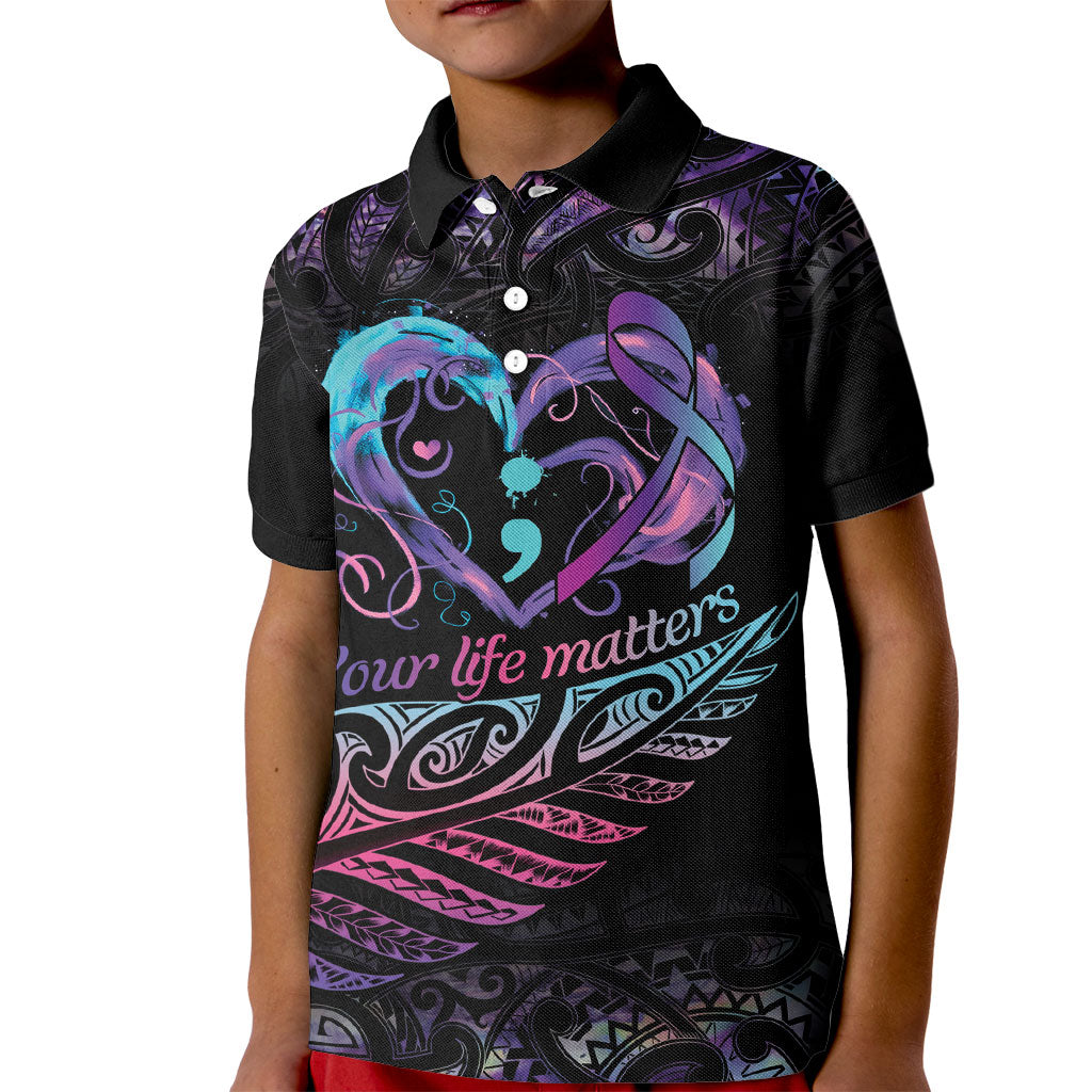 Personalised Your Life Matters Kid Polo Shirt Suicide Prevention Support Semicolon Maori Heart