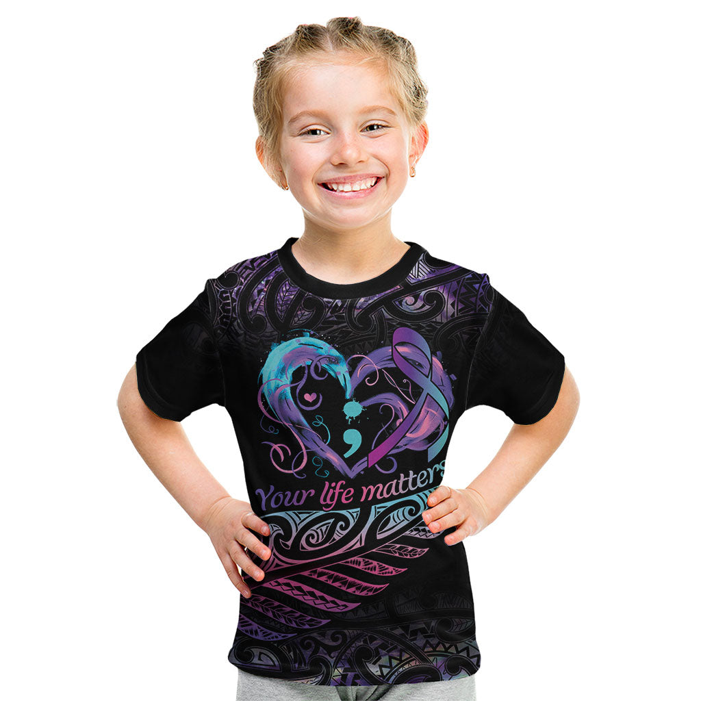 Personalised Your Life Matters Kid T Shirt Suicide Prevention Support Semicolon Maori Heart