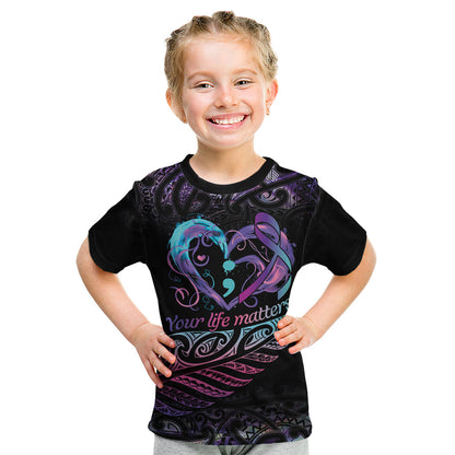 Personalised Your Life Matters Kid T Shirt Suicide Prevention Support Semicolon Maori Heart