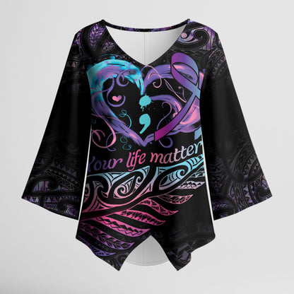 Personalised Your Life Matters Kimono Sleeve Blouse Suicide Prevention Support Semicolon Maori Heart
