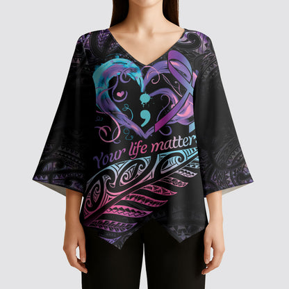 Personalised Your Life Matters Kimono Sleeve Blouse Suicide Prevention Support Semicolon Maori Heart