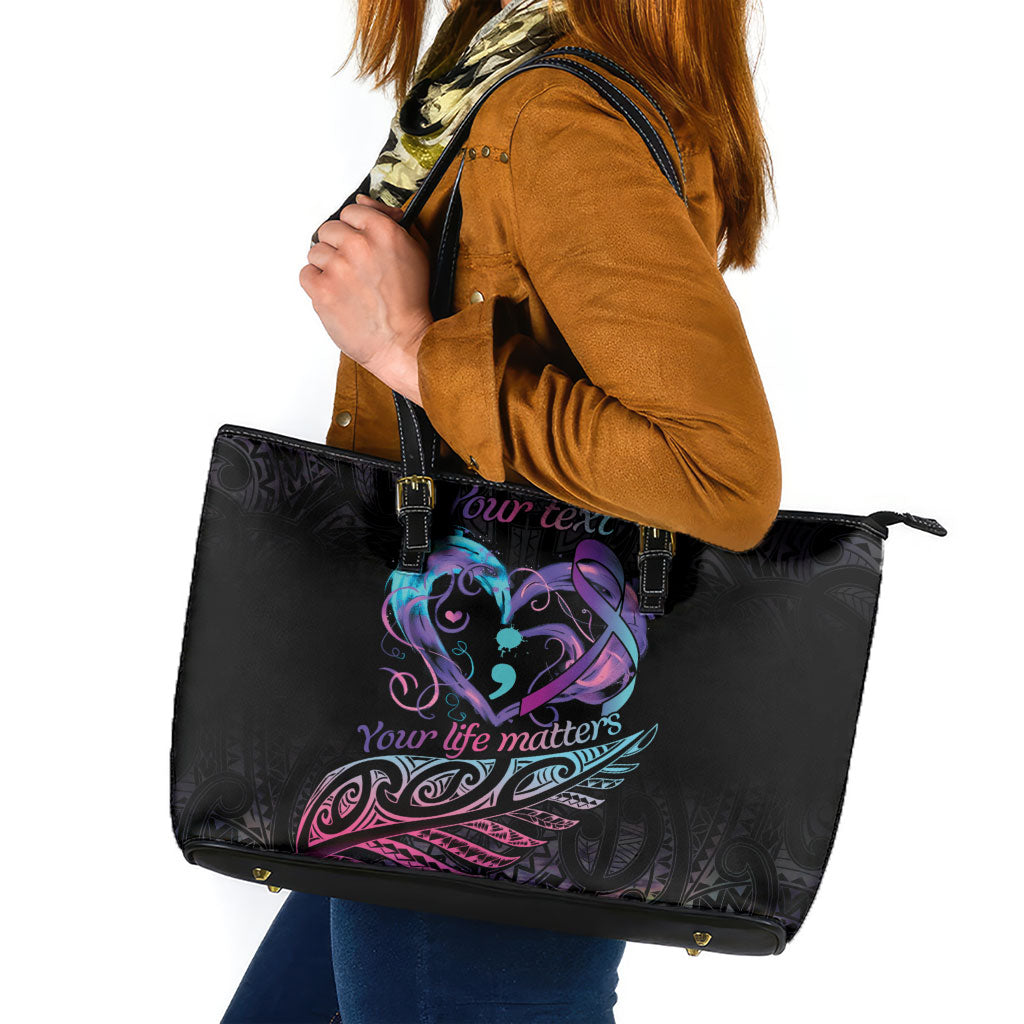 Personalised Your Life Matters Leather Tote Bag Suicide Prevention Support Semicolon Maori Heart