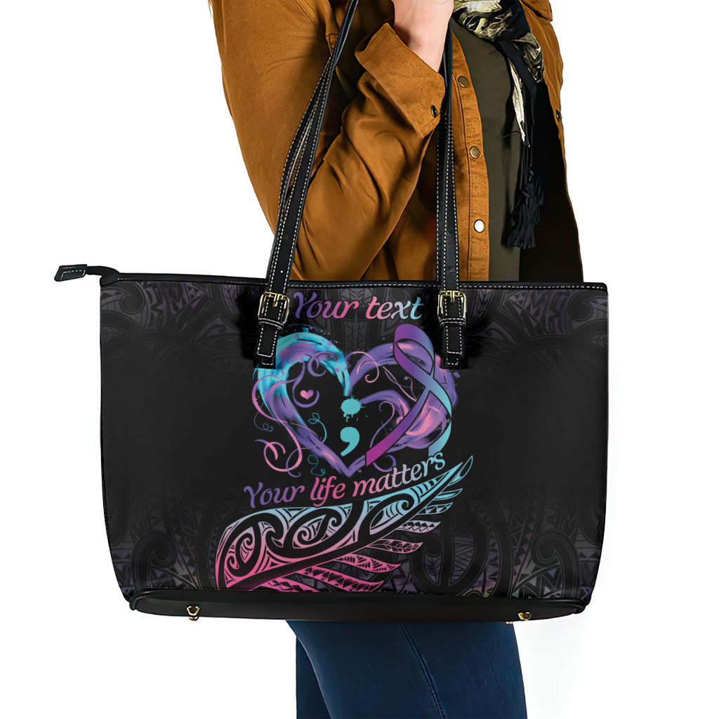 Personalised Your Life Matters Leather Tote Bag Suicide Prevention Support Semicolon Maori Heart