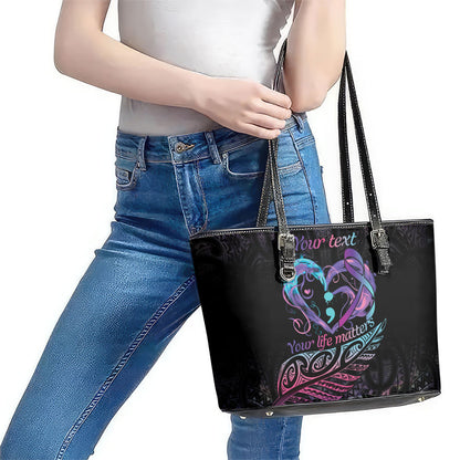 Personalised Your Life Matters Leather Tote Bag Suicide Prevention Support Semicolon Maori Heart