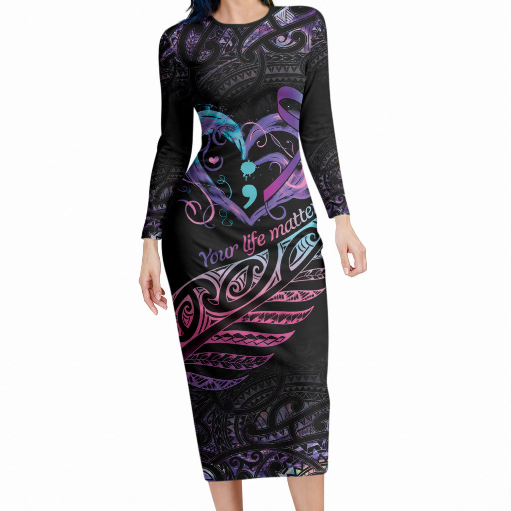 Personalised Your Life Matters Long Sleeve Bodycon Dress Suicide Prevention Support Semicolon Maori Heart