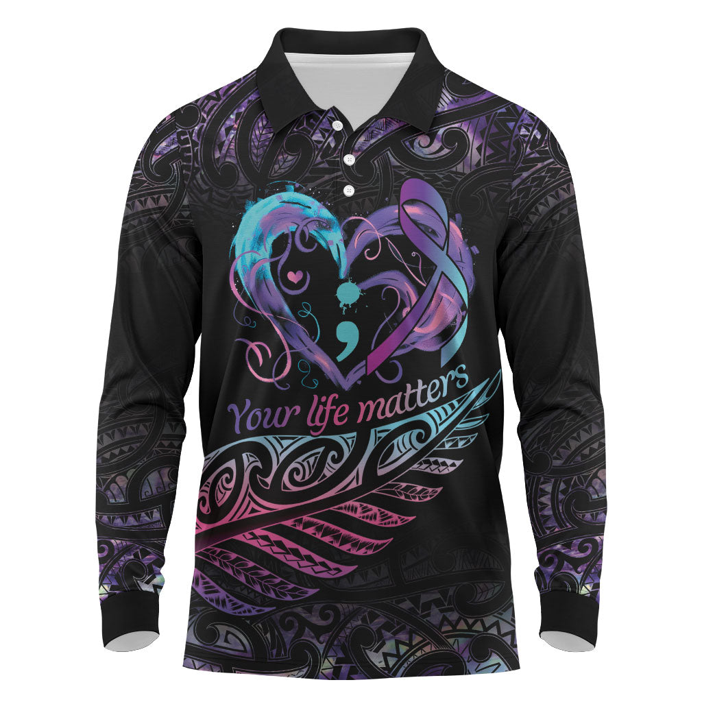 Personalised Your Life Matters Long Sleeve Polo Shirt Suicide Prevention Support Semicolon Maori Heart