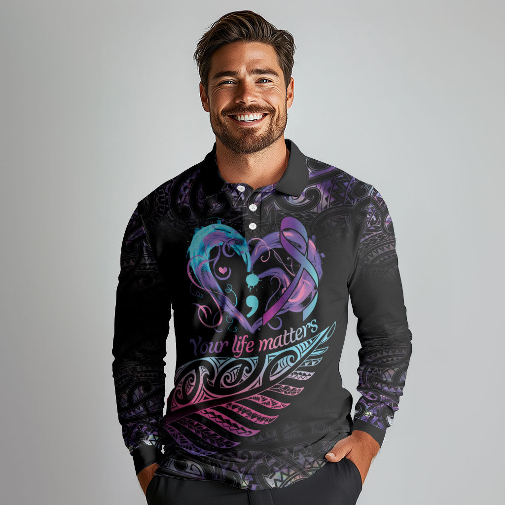 Personalised Your Life Matters Long Sleeve Polo Shirt Suicide Prevention Support Semicolon Maori Heart
