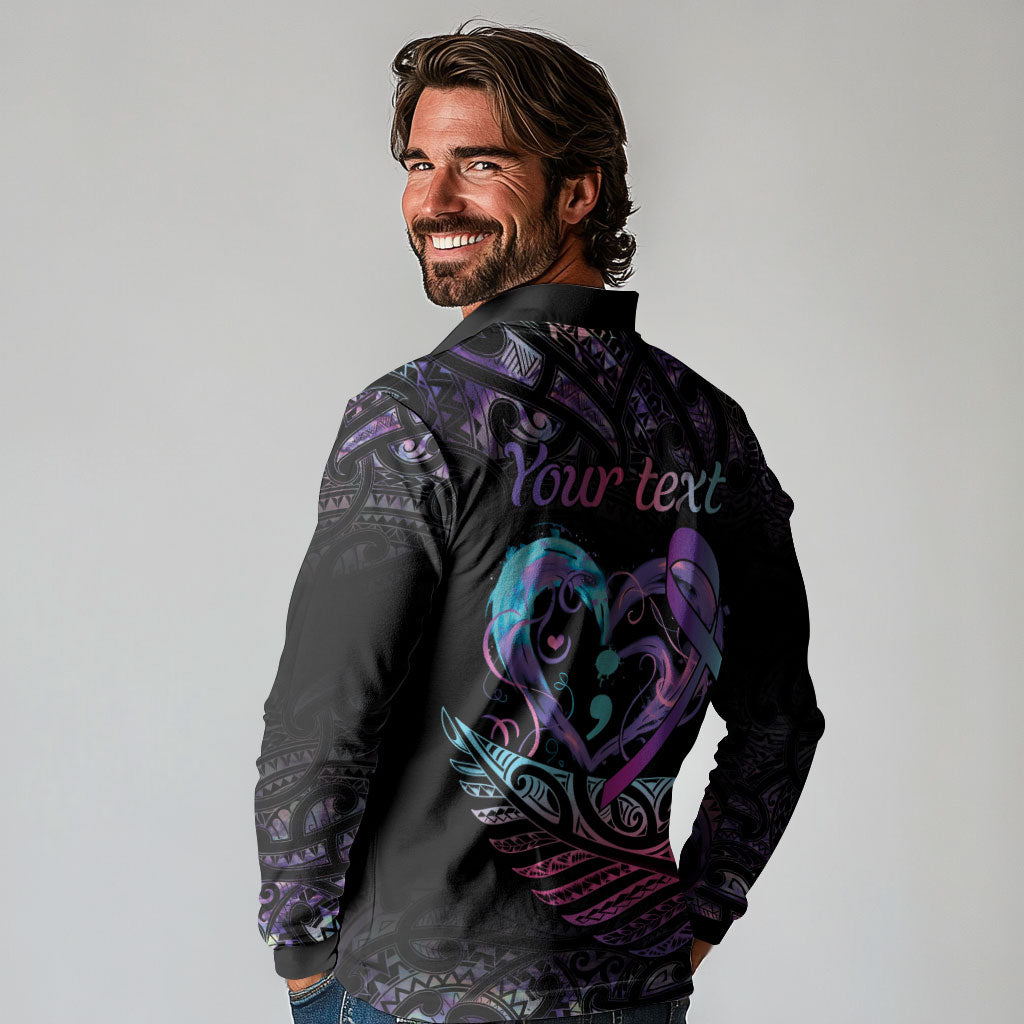 Personalised Your Life Matters Long Sleeve Polo Shirt Suicide Prevention Support Semicolon Maori Heart