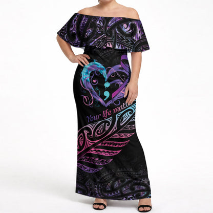 Personalised Your Life Matters Off Shoulder Maxi Dress Suicide Prevention Support Semicolon Maori Heart