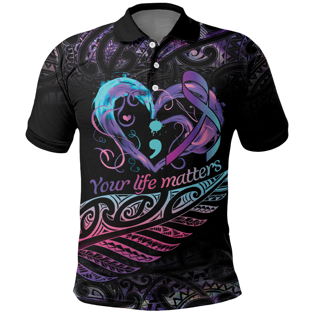 Personalised Your Life Matters Polo Shirt Suicide Prevention Support Semicolon Maori Heart