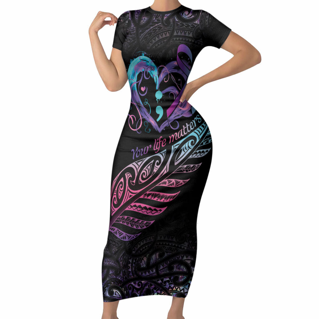 Personalised Your Life Matters Short Sleeve Bodycon Dress Suicide Prevention Support Semicolon Maori Heart
