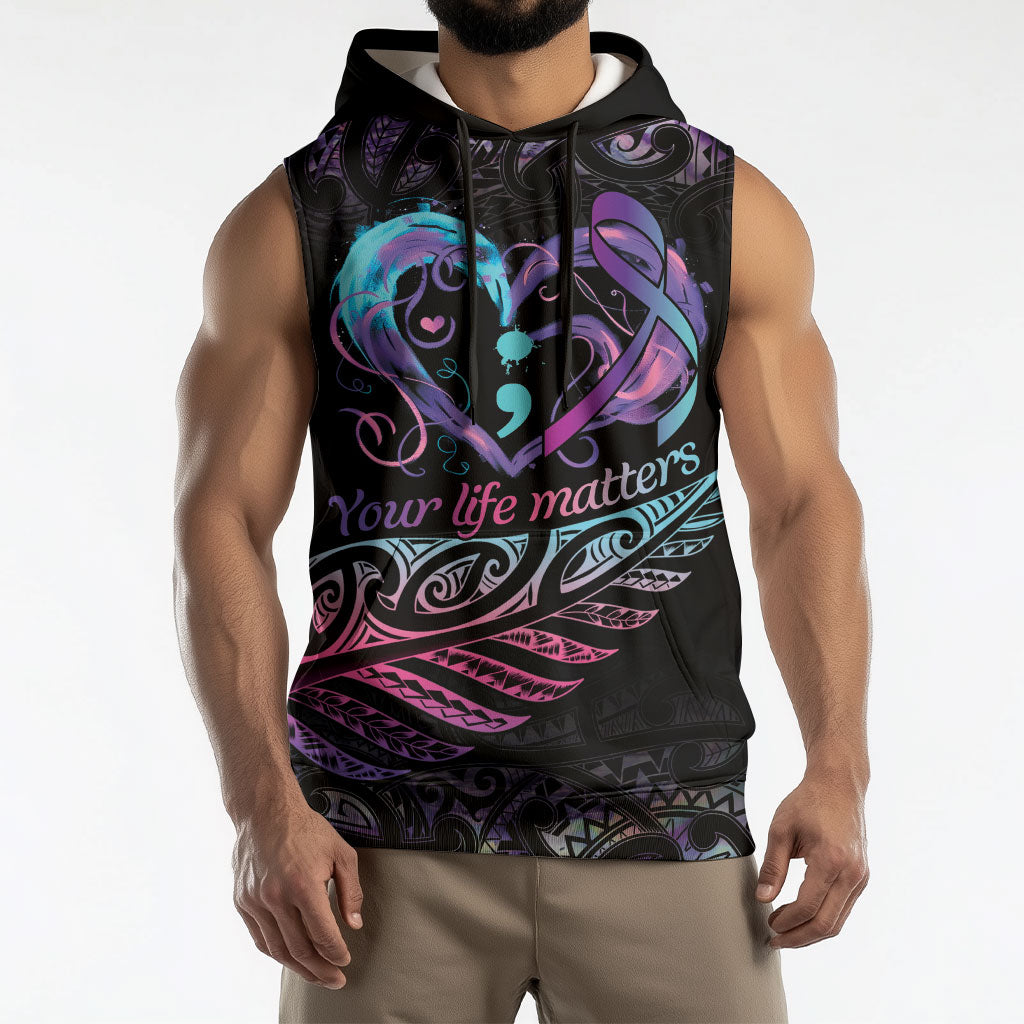 Personalised Your Life Matters Sleeveless Hoodie Suicide Prevention Support Semicolon Maori Heart