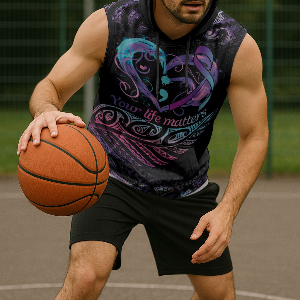 Personalised Your Life Matters Sleeveless Hoodie Suicide Prevention Support Semicolon Maori Heart