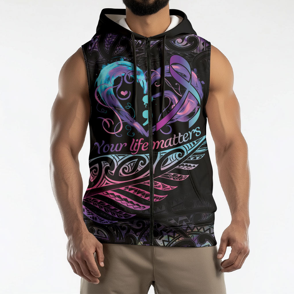 Personalised Your Life Matters Sleeveless Zip Hoodie Suicide Prevention Support Semicolon Maori Heart